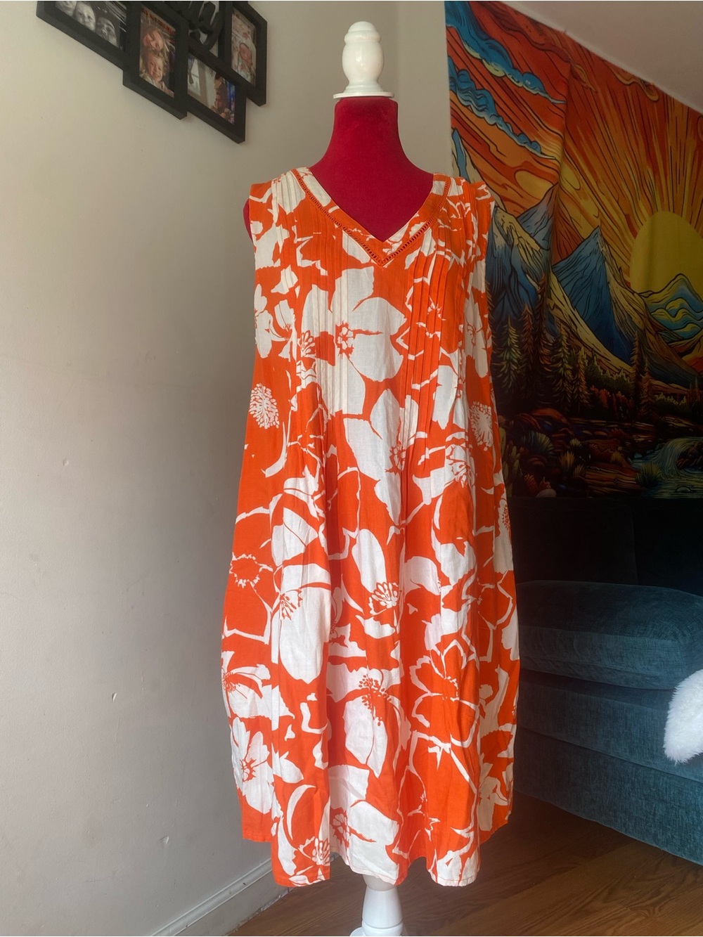 Sonoma Orange and White Floral Sleeveless Midi Dress
